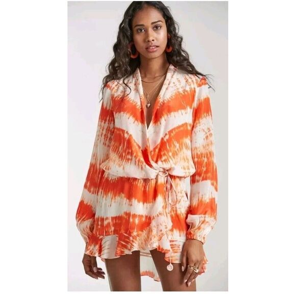 $330 Rococo Sand Orange Tie Dye Faux Wrap Mini Dress Sz S Revolve - Picture 3 of 8